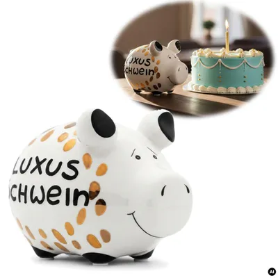 Produktbild von Keramik Sparschwein Spruch Luxus Schwein Weiß Gold Spardose Sparbüchse