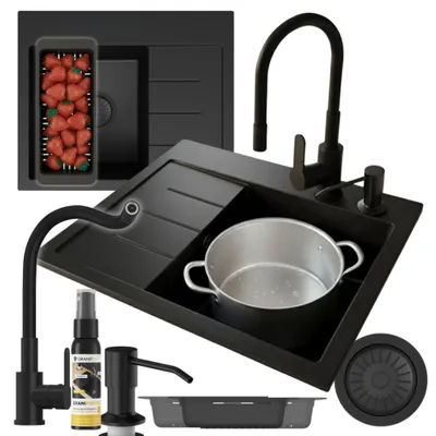 Immagine prodotto di Granitan | GraniteSink - Lavello a 1 scomparto - 60x50 cm - Nero - con rubinetto da cucina 360° - con sgocciolatoio - AMBRA