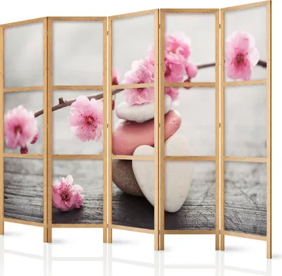Produktbild von Paravent XXL Blumen Blätter 225x171 cm - 5-teilig - einseitig - eleganter Sichtschutz - Raumteiler - Trennwand - Raumtrenner - Holz - Design Motiv - Deko - Japan b-B-0166-z-c