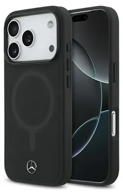 A black iPhone case with a Mercedes logo is shown.