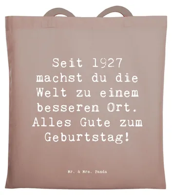 Produktbild von Mr. & Mrs. Panda Tote Bag Spruch 1927 Geburtstag - Braun Pastell - Geschenk, Tasche, Freude schenken, Uni, Geburtstagsgruß, liebevolle Botschaft, Laptoptasche, Jutebeutel