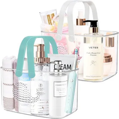 Immagine prodotto di Set di 2 sacchetti portaoggetti in plastica per la doccia, organizer portatile con manici, contenitore trasparente per la zona lavabo, ideale per bagno, cucina e appartamenti per studenti (bianco + ciano)