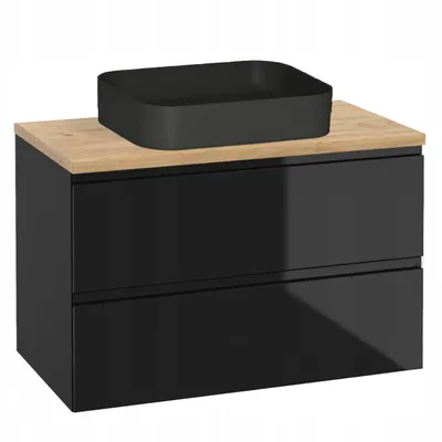 Produktbild von Stamar | Badezimmerschrank, mit Waschbecken, Moderne Badezimmermöbel: Wandhängendes Set, Schwarz-Nachbildung, 80 cm