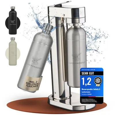 Produktbild von Luckymoose Infinity-S Wassersprudler aus hochwertigem Edelstahl (Silver/Silver)– inkl. 2x 1,25L Edelstahlflaschen – hygienische herausnehmbare Düse