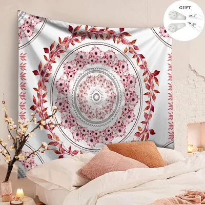 Produktbild von Tapestry Wall Hanging Bohemian, Zodight Mandala Floral Medallion Hippie Tapestry with White Aesthetic Wreath Design,Roter Kranz/200X150CM
