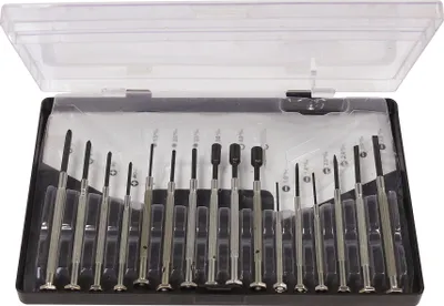 A set of precision screwdrivers in a clear plastic case.