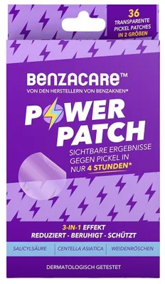 Produktbild von Set mit 36x Anti-Akne-Pflastern, Galderma, Benzacare, Power Patch, gegen Pickel und Gesichtsreizungen, hauchdünn, mit Centella Asiatica und Salicylsäure, 18x 13,5mm, 18x 11mm