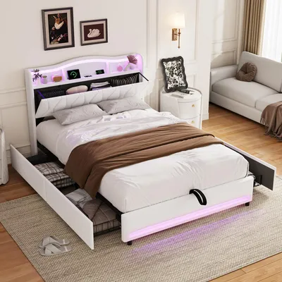 Image de Sommier Moonbite RGB LED 140 x 200 cm, velours, lit rembourré 140 x 200 cm avec tiroirs, éclairage LED et station de recharge USB, beige