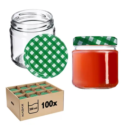 Image de KADAX Pots à conserves avec couvercle "Lerma", Pots à conserves, 200 ml, 100 pièces, couvercle avec motif à carreaux vert
