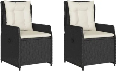 Produktbild von 2er-Set Gartensessel aus schwarzem Poly-Rattan, verstellbar, 55 x 60 x 93 cm, mit cremeweißen Kissen für Balkon, Terrasse und Garten