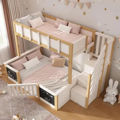 Productafbeelding van Houten kinderbed met twee niveaus, met een bovenbed van 90x200 cm en een onderbed van 140x200 cm, een trap met opbergruimte en een whiteboard, wit/naturel