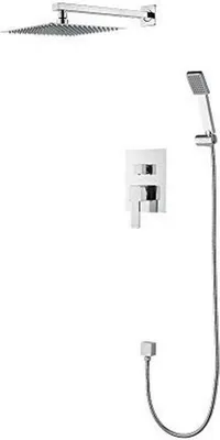 Produktbild von Goldenes Unterputz-Duschsystem mit quadratischer Regenbrause, Brauseschlauch, Handbrause, Brausehalter, Brausestange, Chrom