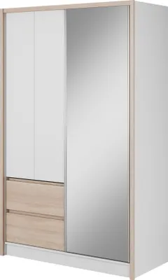 Produktbild von Furniture24 Kleiderschrank SARA 130 cm Schrank 2 Drehtüren 1 Schiebetür Weiß/Sonoma Eiche