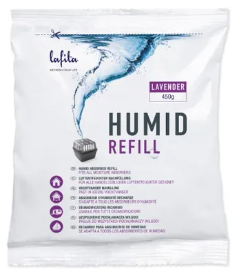 Produktbild von 1x Lafita Luftentfeuchter Nachfüllung - 450 Gramm - Lavendelduft - Granulat - Feuchtigkeit Absorber Nachfüllpack