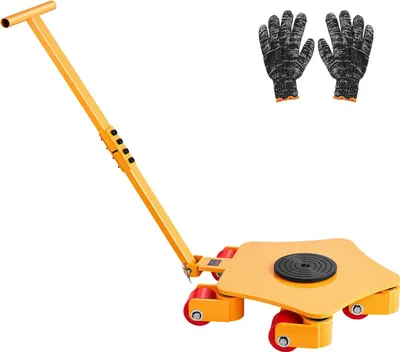 A yellow furniture dolly with a handle and a pair of black and gray work gloves on a white background.