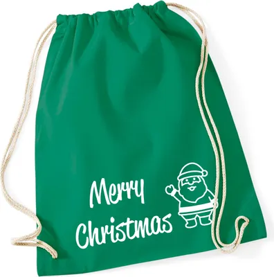 Produktbild von Huuraa Turnbeutel Merry Christmas Weihnachtsmann 12 Liter Kelly Green Baumwolle Rucksack Geschenkidee