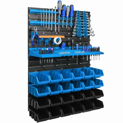 Immagine prodotto di Pannello porta attrezzi da appendere 58x78cm con 24 pezzi. Scatole blu montate a parete con set di supporti in plastica