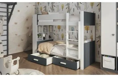 Obrázek produktu pro Patrová postel s policemi 90x200 BEDLIA - bílá / antracitová, pravé provedení