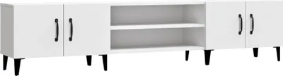 A white TV stand with black legs and handles, featuring two cabinets and an open shelf.