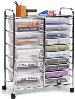 Immagine prodotto di Carrello KOMFOTTEU impilabile con 10/15 cassetti, carrello da bagno con telaio in metallo, carrello multiuso, carrello domestico, carrello ausiliario per bagno e cucina (trasparente, 15 cassetti)