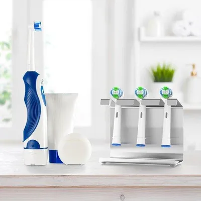 Obrázek produktu pro Držák na zubní kartáčky z nerezové oceli s odkapávací miskou – vhodný pro elektrické zubní kartáčky – kompaktní design – do koupelny.