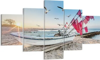 Produktbild von Bild auf Leinwand - Leinwandbild - 5 Teile - £ódŸ Küste Möwen - 125x70cm - Wand Bild - Wanddeko - Wandbilder - Leinwanddruck - Bilder - Wanddekoration - Leinwand bilder - Wandbild - EA125x70-4779