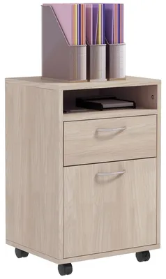 Produktbild von Bš¹roschrank mit offenem Fach und 2 Schubladen, aus Holz und Metall, 40 x 35 x 60 cm, Eiche