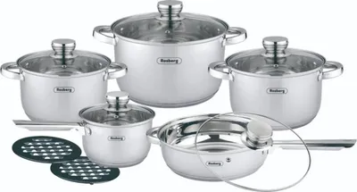 Obrázek produktu pro Sada hrnců a pánví Rosberg R51210L12BM, 12 kusů, vícevrstvé dno, nerezová ocel, stříbrná
