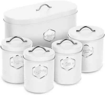 Produktbild von Weisse Küchenbehälter-Set, 5-teilig, luftdicht, für Brot, Kaffee, Tee