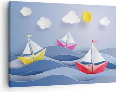 Produktbild von Bild auf Leinwand - Leinwandbild - Origami boot meer himmel - 70x50cm - Wand Bild - Wanddeko - Leinwanddruck - Bilder - Kunstdruck - Wanddekoration - Leinwand bilder - Wandkunst - AA70x50-2964