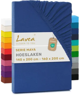 Zdjęcie produktu dla Lavea® Pościel satynowa na gumce, 140x200 cm - 160x200 cm, kolekcja Maya, 100% bawełna – Miękka, oddychająca pościel przeznaczona do materacy o grubości do 20 cm - Królewski niebieski