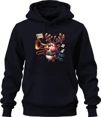 Produktbild von Weihnachtsrentier Posaune Notenblatt lustig niedlich Geschenk Uni Hoodie Kapuzenpullover, Navy, 3XL