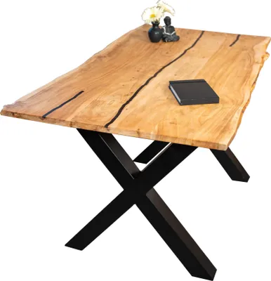 Produktbild von Baumkantentisch Akazie mit schwarzen Resin-Adern naturfarben 180 x 90 cm X-Gestell schwarz POLLY