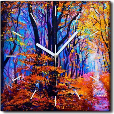 Produktbild von Coloray Uhr auf Leinwand 30x30 cm Wand Uhr Dekoration Wohnzimmer Segeltuch weiße Zeiger -Herbstwaldbäume