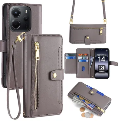 Produktbild von Handykette Xiaomi Redmi Note 14 5G Hülle mit Band Handyhülle Kartenfächer Kunstleder Umhängetasche in Grau