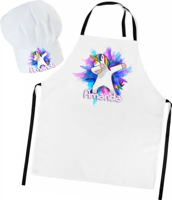 Produktbild von Personalisierte Kochmütze + Kochschürze Set 2tlg. Für Kinder, Jungen und Mädchen, Weiß, Schürze mit Ihrem Namen, Einhörner [099]