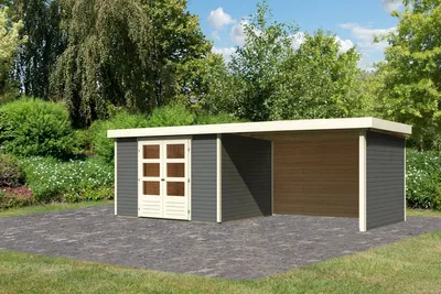 Produktbild von Karibu Gartenhaus Gerätehaus Askola 5 im Set mit Anbaudach 2,80 m Breite und 19 mm Seiten- Rückwand terragrau 557x246x211 cm