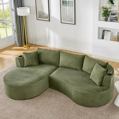 Produktbild von MODFU 3-Sitzer Linke Chaiselongue mit Kissen und Getränkehalter Wohnzimmersofa Bogenförmiges Design Loungesofa Schlafsofa Kordstoff Für das Wohnzimmer geeignet Grün