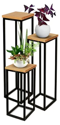 Produktbild von Dekoständer aus massivem Eichenholz I Blumenständer natur geölt I 3 Größen im Set I Dekosäule mit Stahlrahmen I Blumentreppe aus Metall und Holz geölt