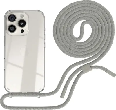 Produktbild von EAZY CASE Handykette für Apple iPhone 16 Pro, Clear Case aus Silikon, mit Umhängeband, abnehmbare Endstücke, Handyband in Beige