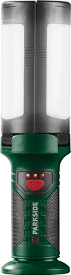 A studio shot of a green and gray LED work light.