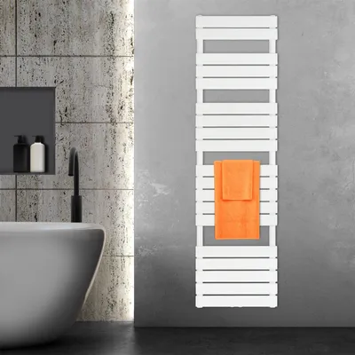 A modern bathroom with a white towel radiator holding two orange towels, a grey bathtub, and a black faucet.