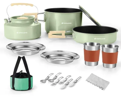 Produktbild von Camping Kochgeschirr Set mit Antihaftpfanne und Wasserkocher