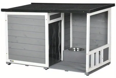 Image de Abri pour chien – Bois de pin résistant aux intempéries – Avec terrasse et 2 gamelles – Toit en asphalte gris – 103x62x60 cm