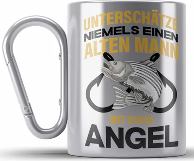 Produktbild von Trendation - Angler Edelstahl Tasse Karabiner Geschenk Männer Sprüche Lustig für Fischer Geschenkidee Angeln Becher (Silber)