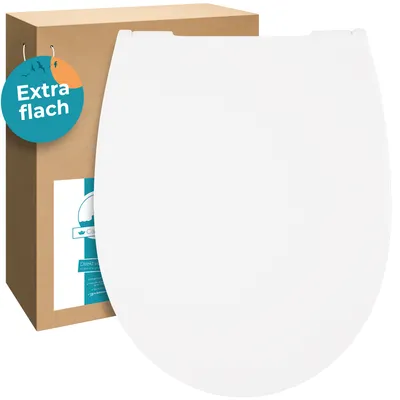 Produktbild von Calmwaters® Flacher WC-Sitz mit Absenkautomatik, Slim, antibakterieller Duroplast Toilettensitz, Edelstahl-Scharniere, Abnehmbar, extraflacher WC-Deckel, Standard O-Form, 26LP3163