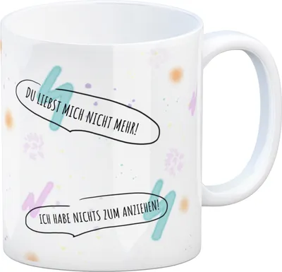 Produktbild von Kaffeebecher mit unzufriedenem, traurigem Hasen und witzigen Sprüchen