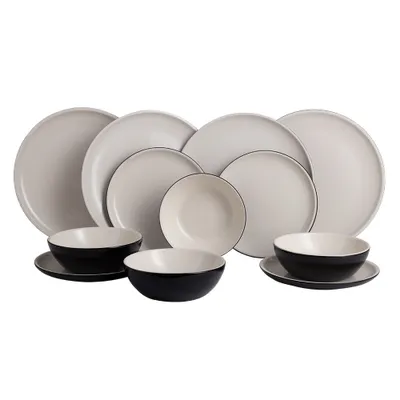 A set of dinnerware, including plates and bowls, arranged on a white background.