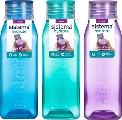 Three Sistema Hydrate water bottles in blue, teal, and purple, displayed side-by-side.