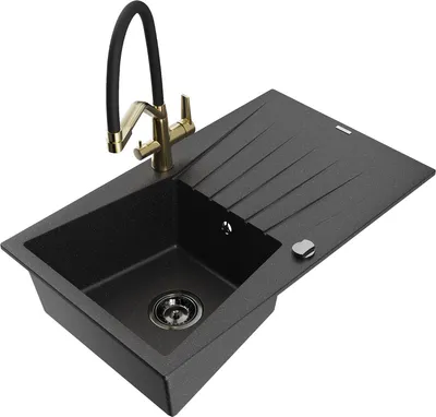 Produktbild von Mexen Cesar 1 Becken-Granitspüle mit Abtropffläche und Mischbatterie Duo, Schwarz/Silbermetallic - 6514-73-671701-57-B